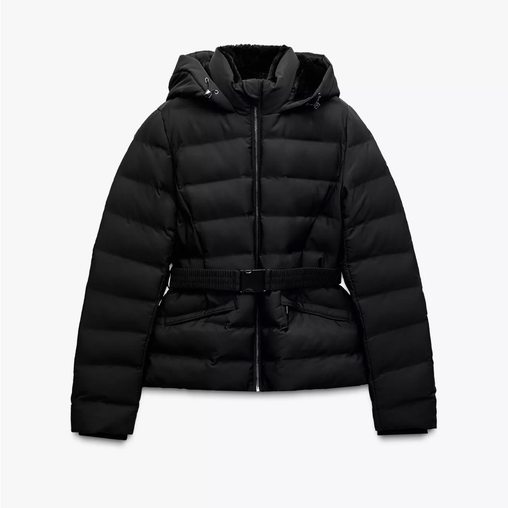 Zara Quilted Black Puffer Coat with Hood